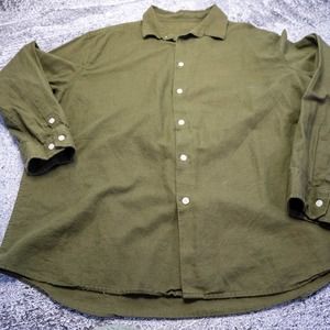 Mens Shirt XL Green Linen Button Down Long Sleeve Outdoors Minimalist Layer